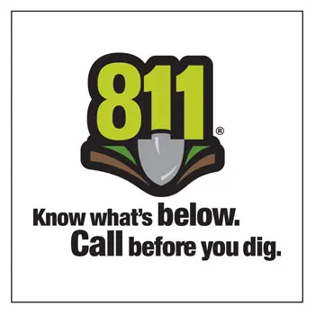 Photo of the 811 logo saying "Know what's below. Call before you dig." Which is an essential step of preparing your metal building or carport's foundation as people have been seriously injured when digging foundations before due to hidden electrical, gas, or plumbing lines.