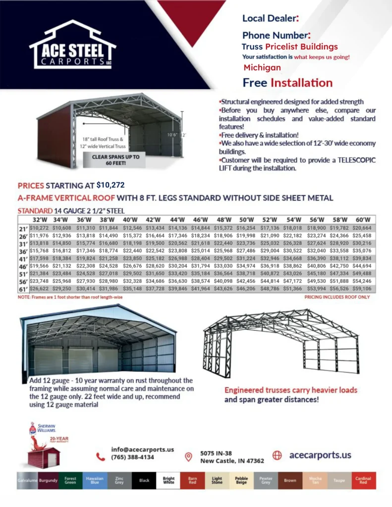 Michigan commercial building pricing brochure flyer for ACE Steel Carports in New Castle, Indiana. ACE Steel Carports sells metal carports, metal garages, metal sheds, metal camper covers, metal rv covers, metal boat covers, metal commercial buildings, and other custom steel structures.