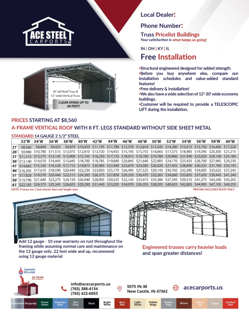 Commercial building pricing brochure flyer for ACE Steel Carports in New Castle, Indiana. ACE Steel Carports sells metal carports, metal garages, metal sheds, metal camper covers, metal rv covers, metal boat covers, metal commercial buildings, and other custom steel structures.