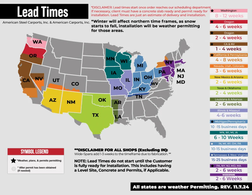 United States map of coverage area and lead time for American Steel Carports. American Steel Carports is a tube frame metal building manufacturer based in Joshua, Texas. They manufacture metal carports, garages, lean-tos, commercial buildings, galvanized steel tubing and other custom steel structures.