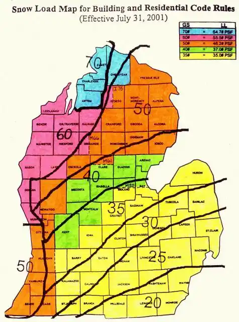 Michigan snow load map applicable for permitting requirements for metal carports, garages, sheds lean-tos, and commercial buildings and other custom steel structures. It's important your engineered building follows local regulations to get a permit for a carport or metal building.