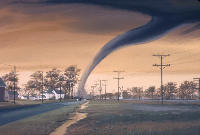 Photo of a tornado striking a neighborhood to emphazise the improtance of choosing a company with good warranty coverage, specifically a wind warranty, like our 20-year 120 MPH wind warranty for carports, garages, and other metal buildings.