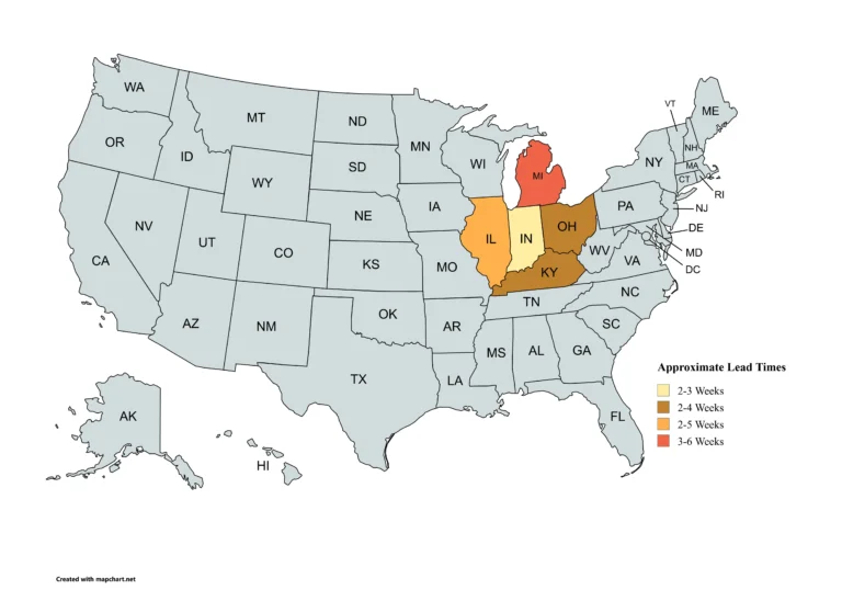 The Carport Co. lead time map for the East North Central region which includes Indiana, Illinois, Michigan, Ohio, and Kentucky. Map is applicable for residential structures such as metal carports, garages, camper covers, boat covers, as well as commercial metal buildings, and all other custom steel structures.