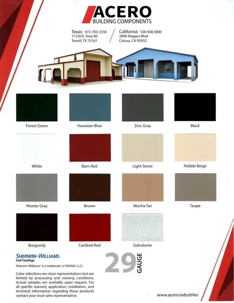 Sheet Metal Color Chart for ACE Steel Carports,