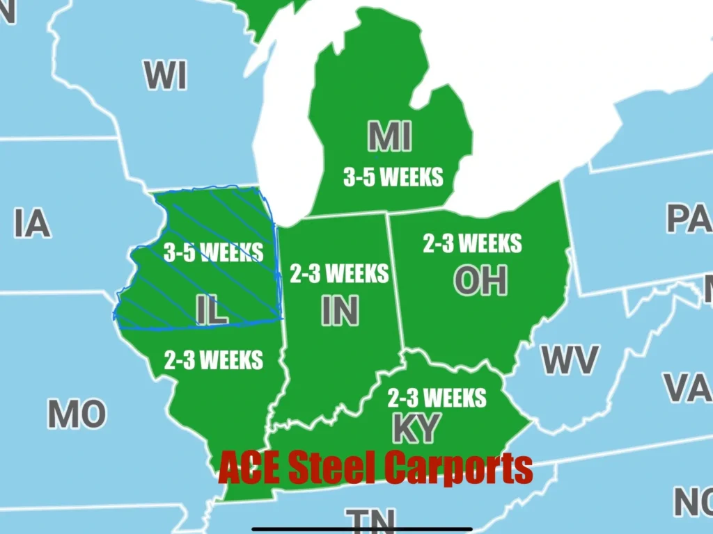 United States map of coverage area and lead time for ACE Steel Carports. ACE Steel Carports is a tube frame metal building manufacturer based in New Castle, Indiana. They manufacture metal carports, garages, lean-tos, commercial buildings, galvanized steel tubing and other custom steel structures.