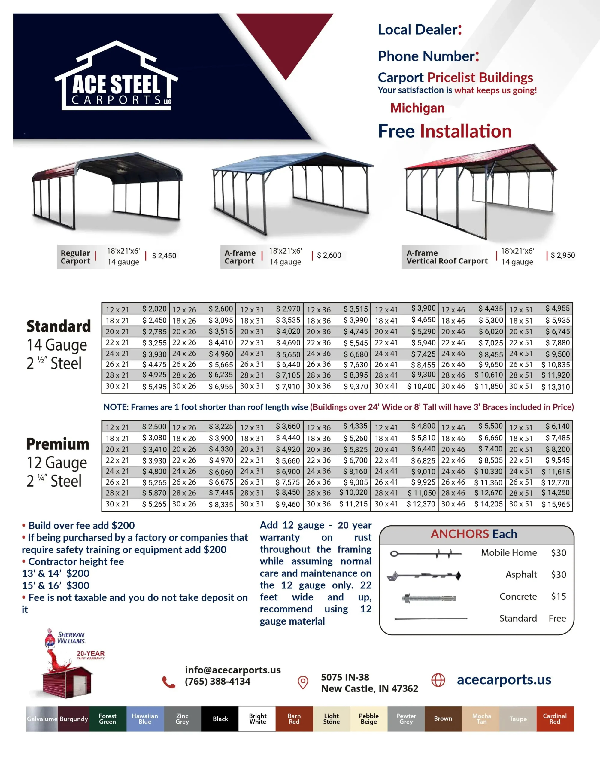 Pricing brochure flyer for ACE Steel Carports in New Castle, Indiana. ACE Steel Carports sells metal carports, metal garages, metal sheds, metal camper covers, metal rv covers, metal boat covers, metal commercial buildings, and other custom steel structures.