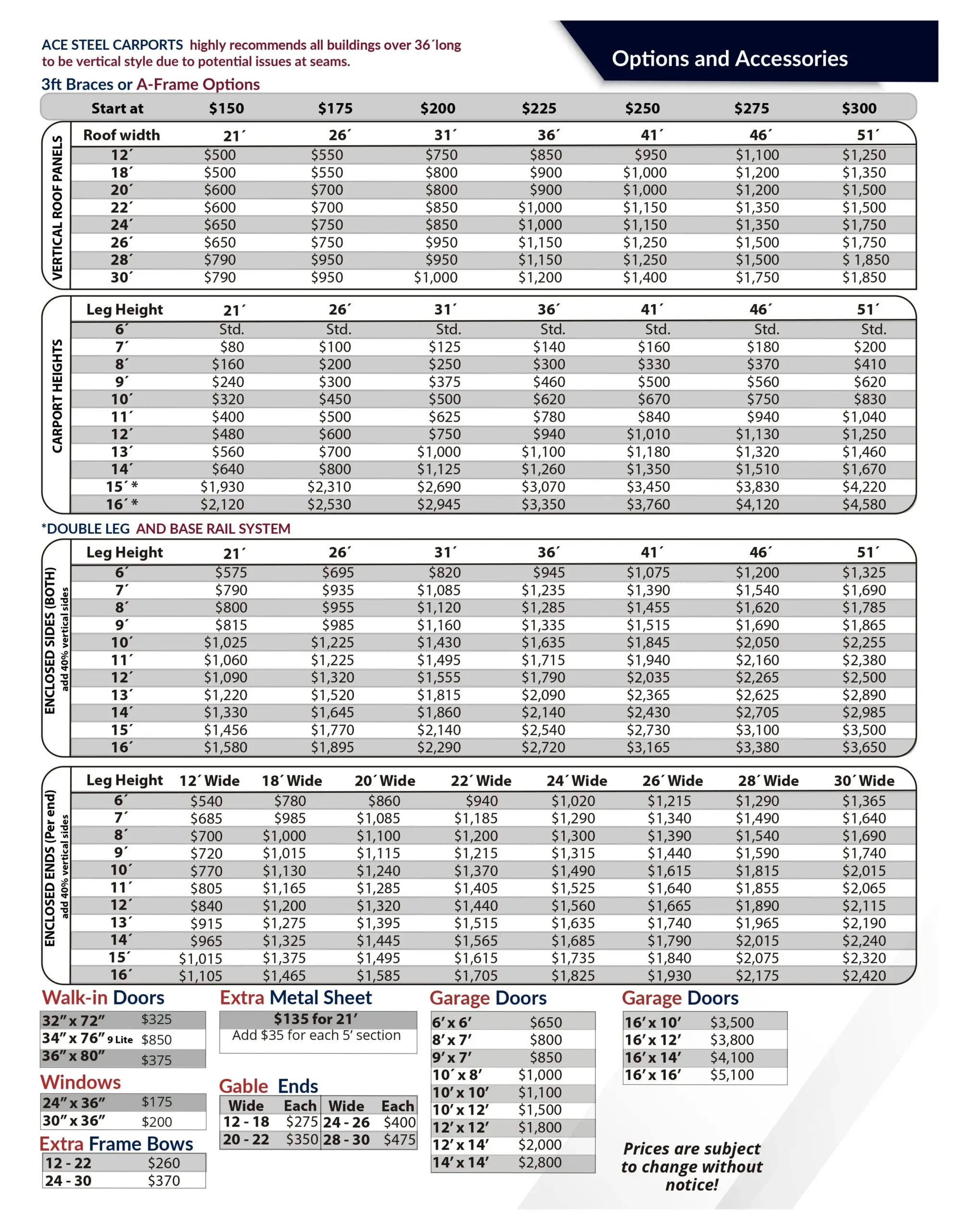 Pricing brochure flyer for ACE Steel Carports in New Castle, Indiana. ACE Steel Carports sells metal carports, metal garages, metal sheds, metal camper covers, metal rv covers, metal boat covers, metal commercial buildings, and other custom steel structures.