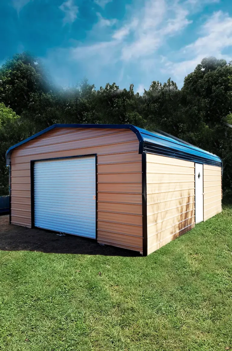 Photo of a metal garage building manufactured by the tube frame steel manufacturer ACE Steel Carports. The Carport Co. is an authorized dealer for The Carport Co.