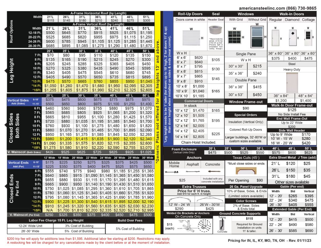 Pricing brochure flyer for American Steel Carports in Mt. Summit, Indiana. American Steel Carports sells metal carports, metal garages, metal sheds, metal camper covers, metal rv covers, metal boat covers, metal commercial buildings, and other custom steel structures.