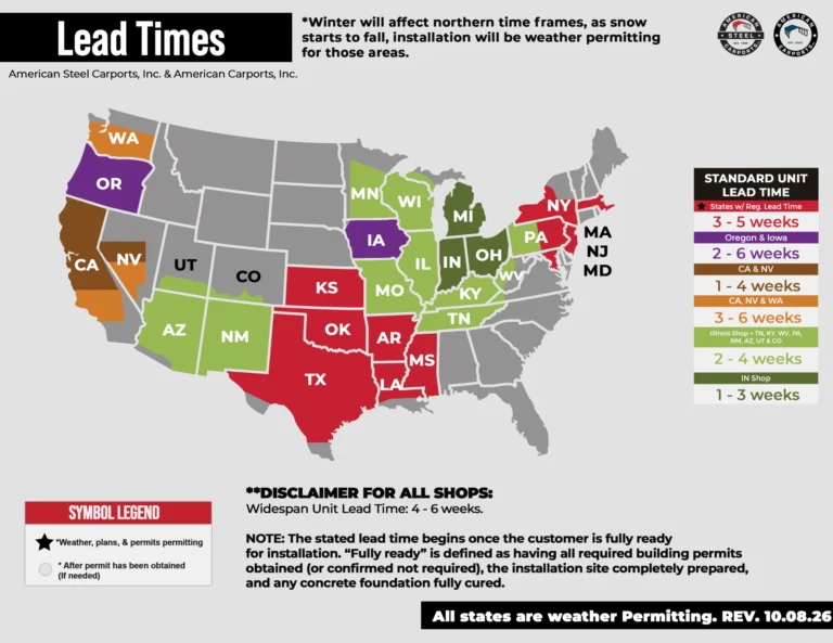 United States map of coverage area and lead time for American Steel Carports. American Steel Carports is a tube frame metal building manufacturer based in Joshua, Texas. They manufacture metal carports, garages, lean-tos, commercial buildings, galvanized steel tubing and other custom steel structures.