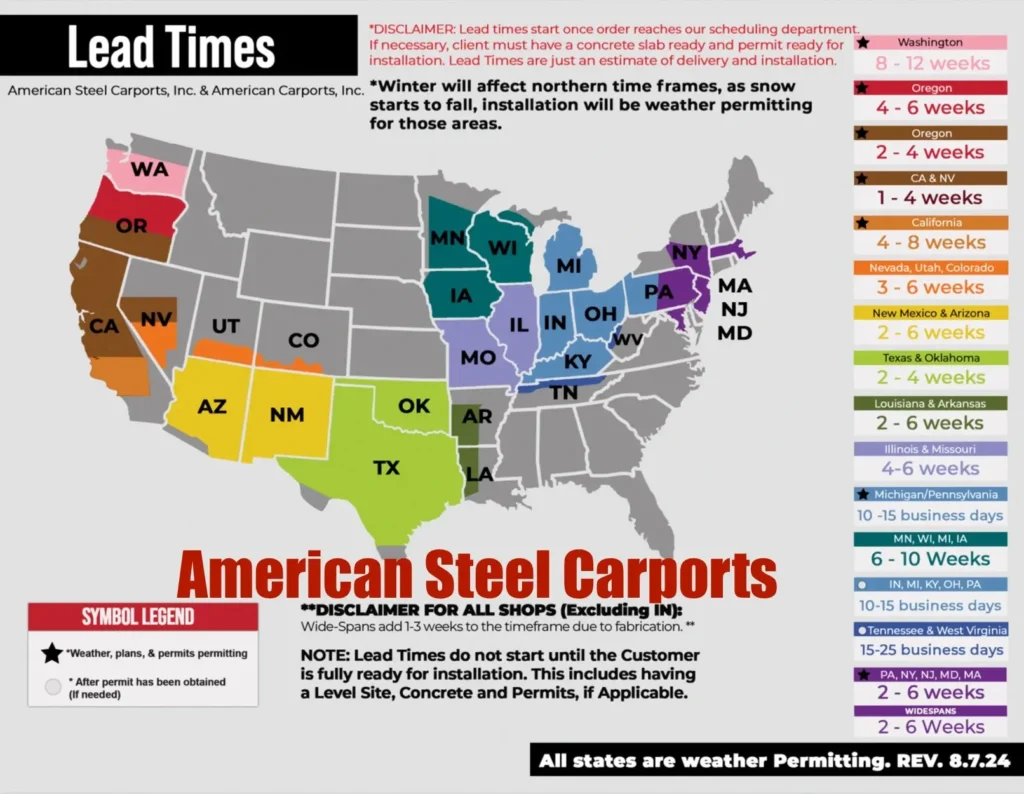 United States map of coverage area and lead time for American Steel Carports. American Steel Carports is a tube frame metal building manufacturer based in New Castle, Indiana. They manufacture metal carports, garages, lean-tos, commercial buildings, galvanized steel tubing and other custom steel structures.