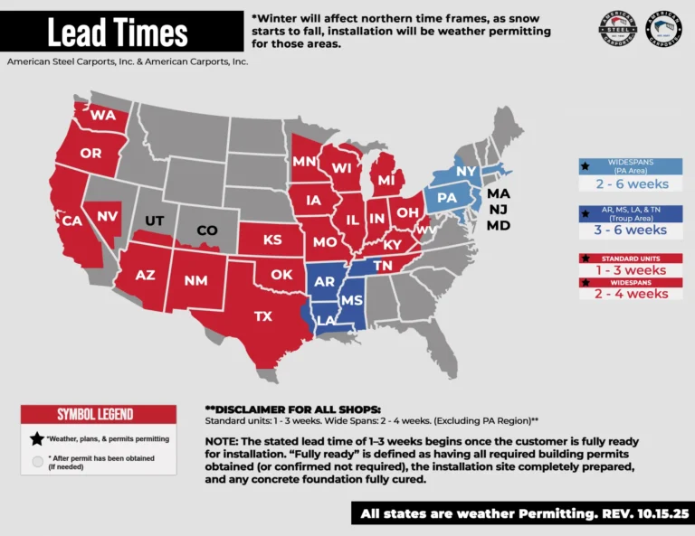 United States map of coverage area and lead time for American Steel Carports. American Steel Carports is a tube frame metal building manufacturer based in Joshua, Texas. They manufacture metal carports, garages, lean-tos, commercial buildings, galvanized steel tubing and other custom steel structures.