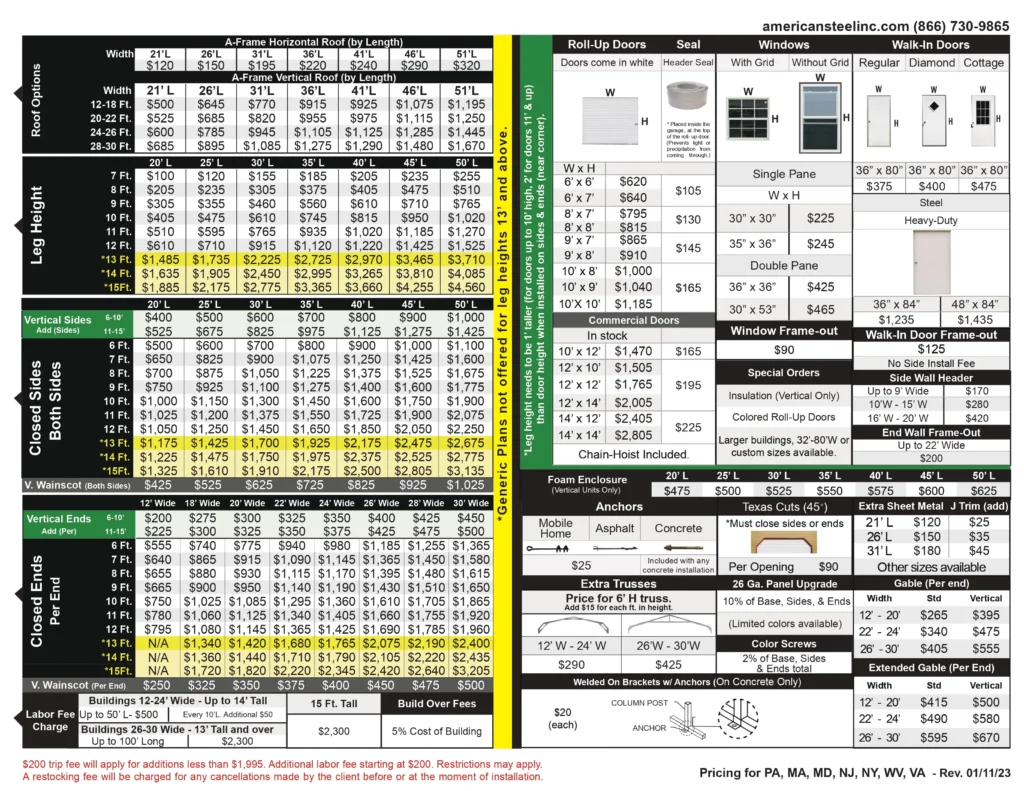 Pricing brochure flyer for American Steel Carports in Joshua, Texas, Indiana. American Steel Carports sells metal carports, metal garages, metal sheds, metal camper covers, metal rv covers, metal boat covers, metal commercial buildings, and other custom steel structures. Prices are good for New Jersey, New York, Maryland, Massachusetts, Pennsylvania, and West Virginia.