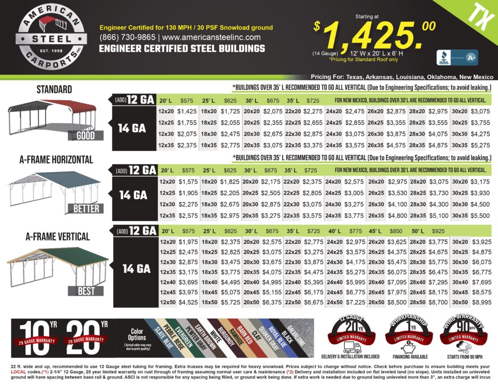 Pricing brochure flyer for American Steel Carports in Joshua, Texas. American Steel Carports sells metal carports, metal garages, metal sheds, metal camper covers, metal rv covers, metal boat covers, metal commercial buildings, and other custom steel structures.