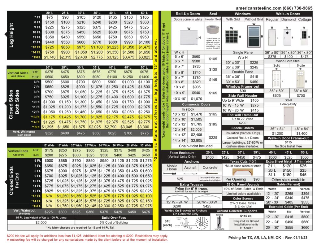 Pricing brochure flyer for American Steel Carports in Joshua, Texas. American Steel Carports sells metal carports, metal garages, metal sheds, metal camper covers, metal rv covers, metal boat covers, metal commercial buildings, and other custom steel structures.