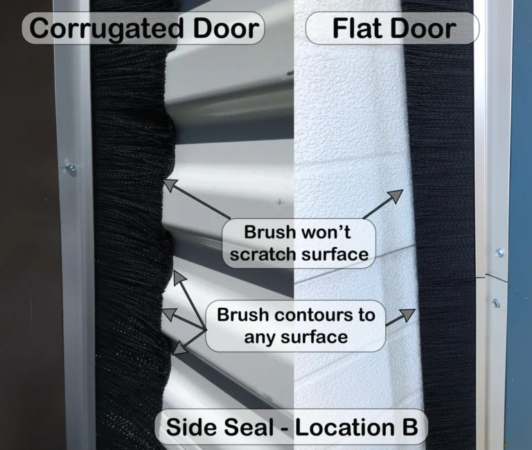 Photo showcasing brush seal installed on both a roll-up door and an overhead (flat) door. Brush seal is used to seal gaps around roll up doors on metal buildings and garages.