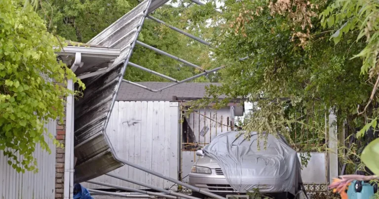 Photo of cheap aluminum carport that was ripped out of the ground because of high winds during a tornado in Baton Rouge, Louisiana. You can see by the style of tubing on the carport that it is made from a very cheap aluminum.