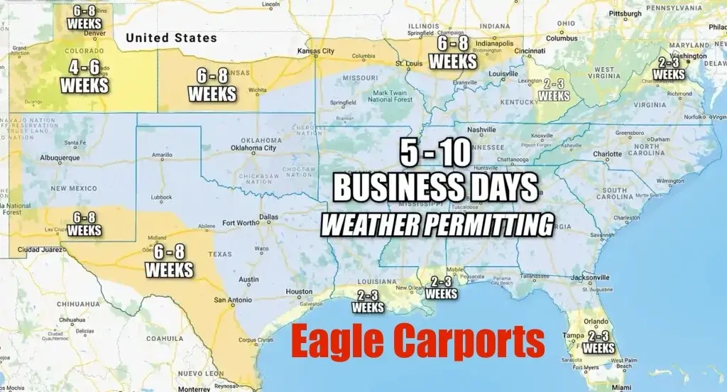 United States map of coverage area and lead time for Eagle Carports. Eagle Carports is a tube frame metal building manufacturer based in New Castle, Indiana. They manufacture metal carports, garages, lean-tos, commercial buildings, galvanized steel tubing and other custom steel structures.