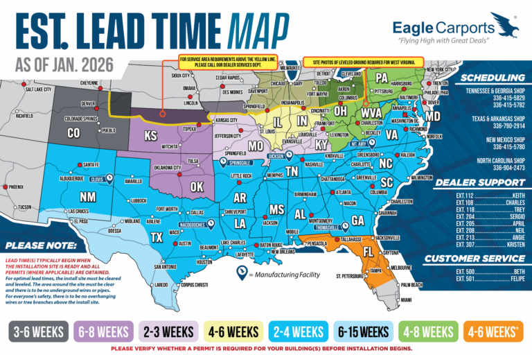 United States map of coverage area and lead time for Eagle Carports. Eagle Carports is a tube frame metal building manufacturer based in Mt Airy, North Carolina. They manufacture metal carports, garages, lean-tos, commercial buildings, galvanized steel tubing and other custom steel structures.