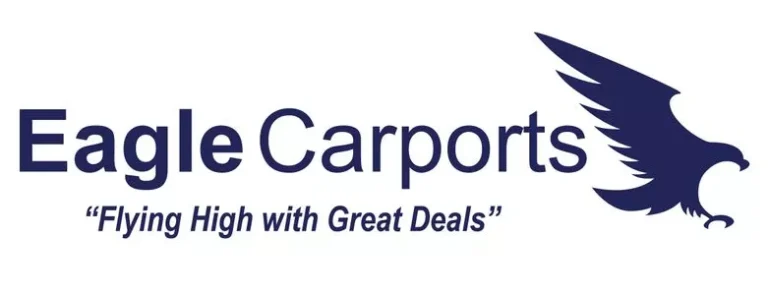 Logo for Eagle Carports that says "Eagle Carports Flying High with Great Deals". Eagle Carports is a tube frame steel manufacturer that provides carports, garages, and other steel structures. The Carport Co. is an authorized dealer for Eagle Carports.