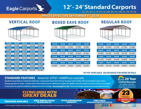 Screenshot of Eagle Carports price list flyer book showcasing prices for carports, garages, metal buildings, and other custom steel structures. All costs include delivery and installation to your location.