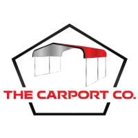 Red Carport with Curved Roof and no Sides Surrounded with Pentago above The Carport Co. in Writing. The Carport Co. sells metal buildings and metal carports.