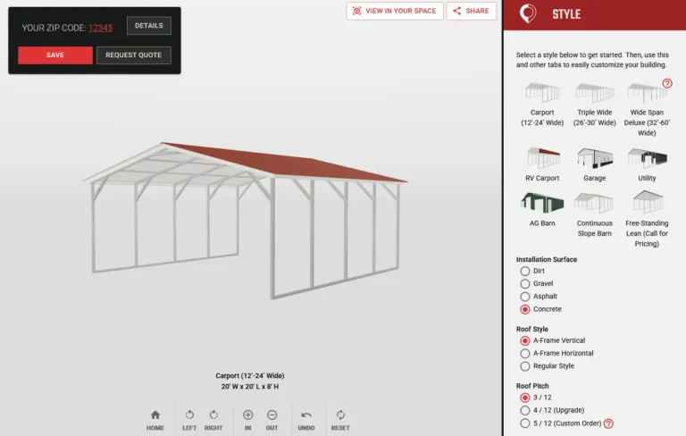 Photo showcasing the "style" section of the 3D carport building tool so you can choose whether you want a regular carport, a carport with a vertical roof, an agricultural metal building, a metal garage, a free standing lean-to, or a utility carport.