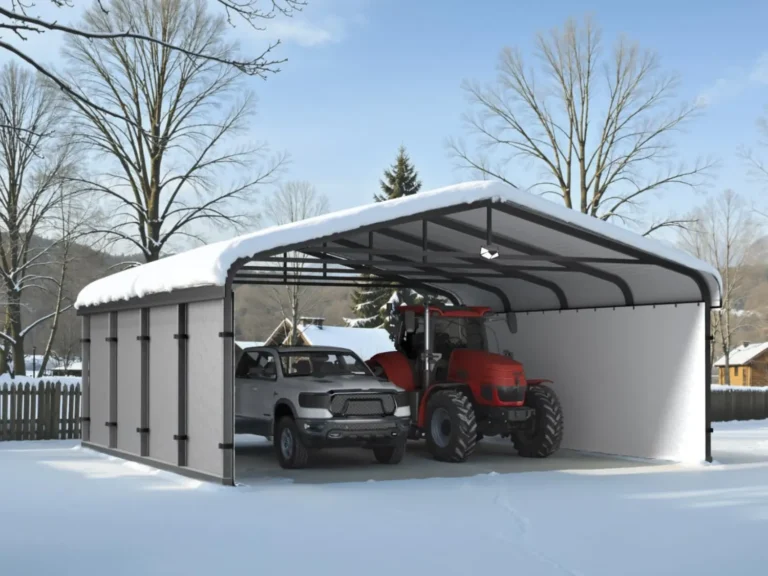 Two car metal carport housing a truck and a tractor that has snow stuck on the roof. The structure has not collapsed because the steel carport is engineer certified to meet local snow loads.