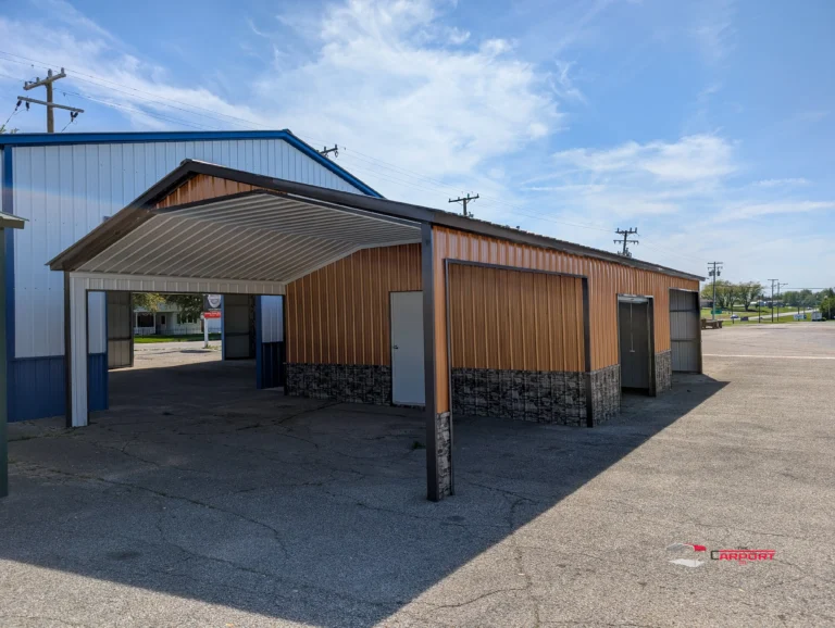 Cheap and affordable high-quality metal garage with vertical roof and vertical siding with attached carport and storage section manufactured by The Carport Company