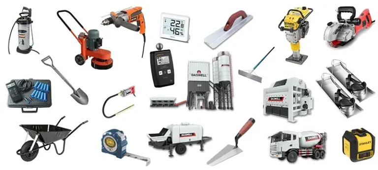 Photo of 27 different tools every concrete contractor needs. They include things like a tape measure, trowel, wheel barrow, and so on.