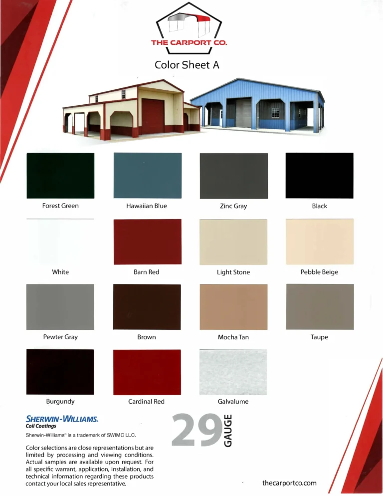 Color chart A for The Carport Co., a premium carport company selling prefabricated steel buildings, carports, garages, camper covers, and more nationwide.