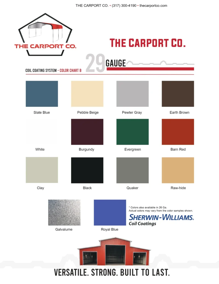 Color chart B for The Carport Co., a premium carport company selling prefabricated steel buildings, carports, garages, camper covers, and more nationwide.