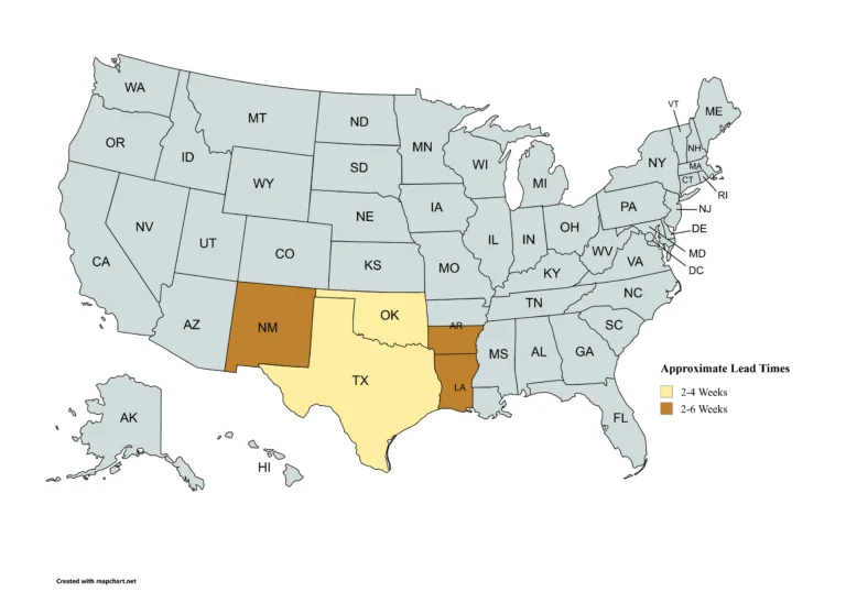 The Carport Co. lead time map for the South Central region, which includes Arkansas, Louisiana, New Mexico, Oklahoma, and Texas. Map is applicable for residential structures such as metal carports, garages, camper covers, boat covers, as well as commercial metal buildings, and all other custom steel structures.