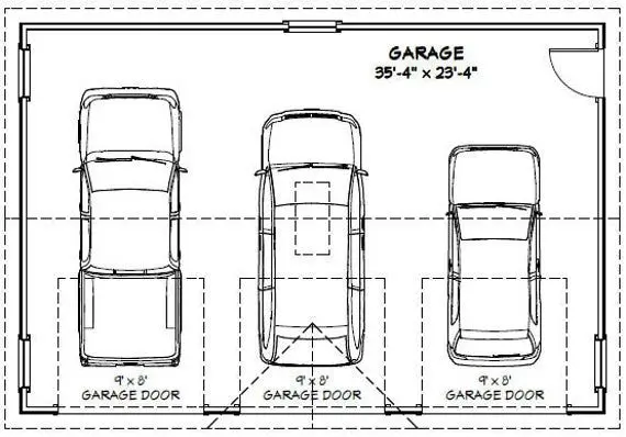 Diagram of a three car garage footprint that is 40 wide and 20 deep/long. Has enough room to comfortably store vehicles, but not quite enough to add extra storage