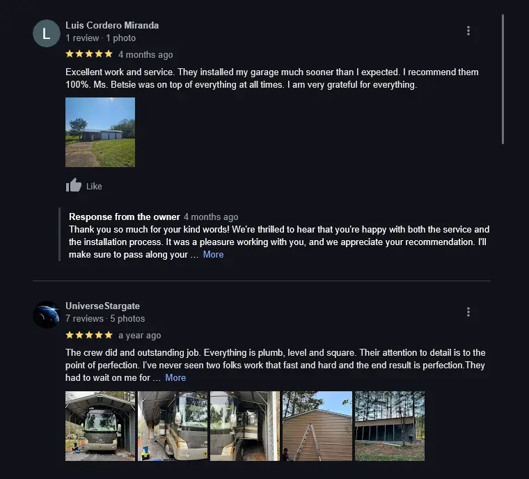 Photo of the Google reviews for US-Steel Buildings, a tube steel manufacturer out of Aberdeen, Mississippi. The Carport Co. is an authorized dealer for US-Steel Buildings.
