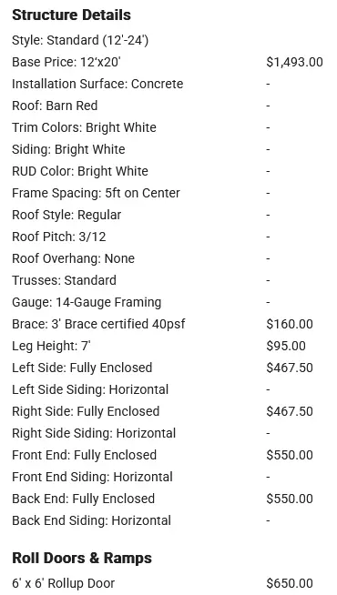 Photo of an example quote prices for a 12x20x6 enclosed carport metal building from US-Steel Buildings. The Carport Co. is an authorized dealer from US-Steel Buildings.